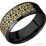 Lashbrook 8 mm wide/Beveled/Zirconium band with one 6 mm Centered inlay of 14K Yellow Gold with a laser carved Trellis 2 pattern.