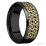 Lashbrook 8 mm wide/Beveled/Zirconium band with one 6 mm Centered inlay of 14K Yellow Gold with a laser carved Trellis 2 pattern.