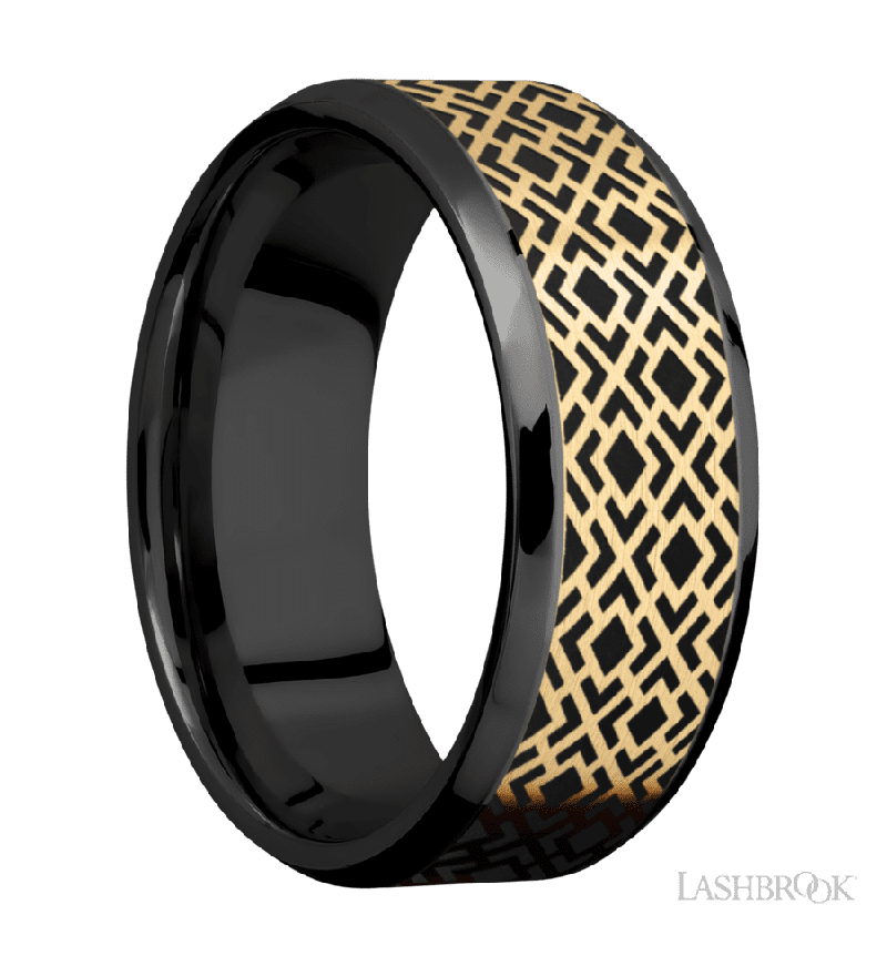 8 mm wide/Beveled/Zirconium band with one 6 mm Centered inlay of 14K Yellow Gold with a laser carved Trellis 2 pattern.