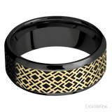 Lashbrook 8 mm wide/Beveled/Zirconium band with one 6 mm Centered inlay of 14K Yellow Gold with a laser carved Trellis 2 pattern.