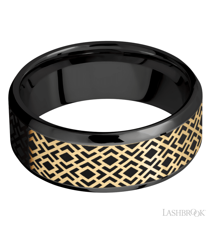 8 mm wide/Beveled/Zirconium band with one 6 mm Centered inlay of 14K Yellow Gold with a laser carved Trellis 2 pattern.