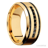 9 mm wide/High Bevel/14K Yellow Gold band with  two 1 mm Wide inlays of Black Onyx and featuring an  arrangement of 9, .03 carat Round Black Diamond stones in a Channel setting