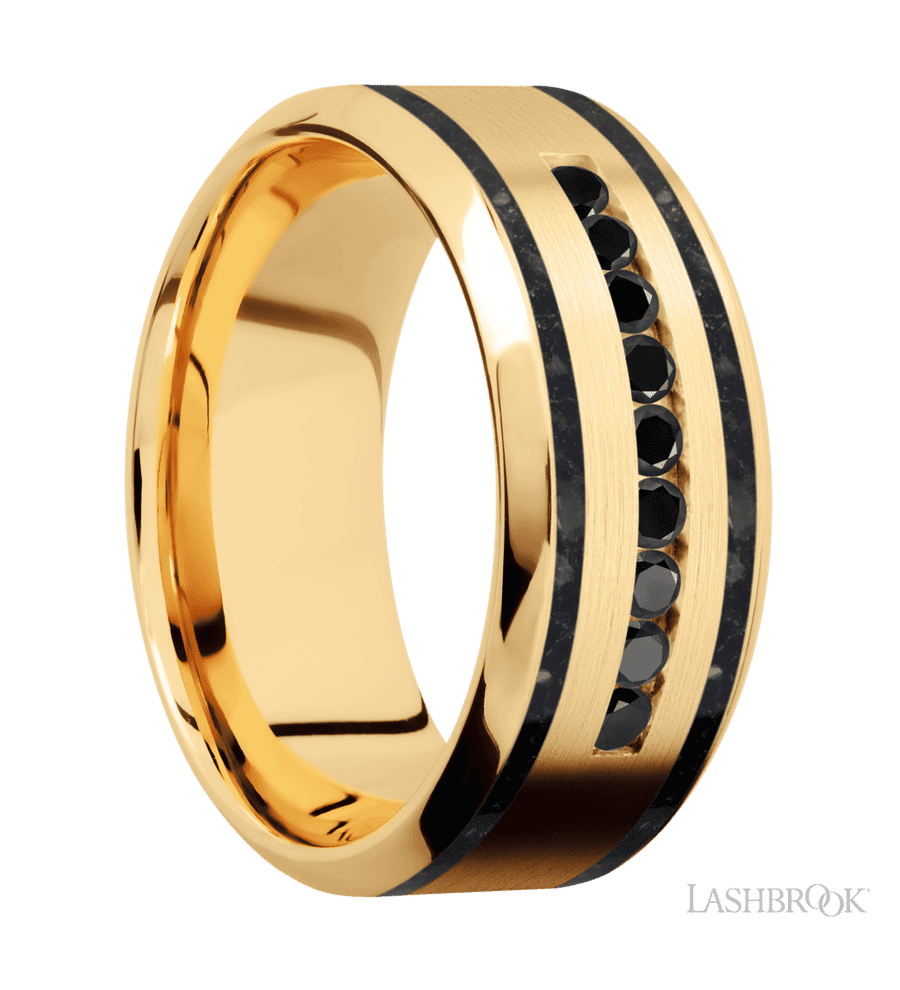 9 mm wide/High Bevel/14K Yellow Gold band with  two 1 mm Wide inlays of Black Onyx and featuring an  arrangement of 9, .03 carat Round Black Diamond stones in a Channel setting
