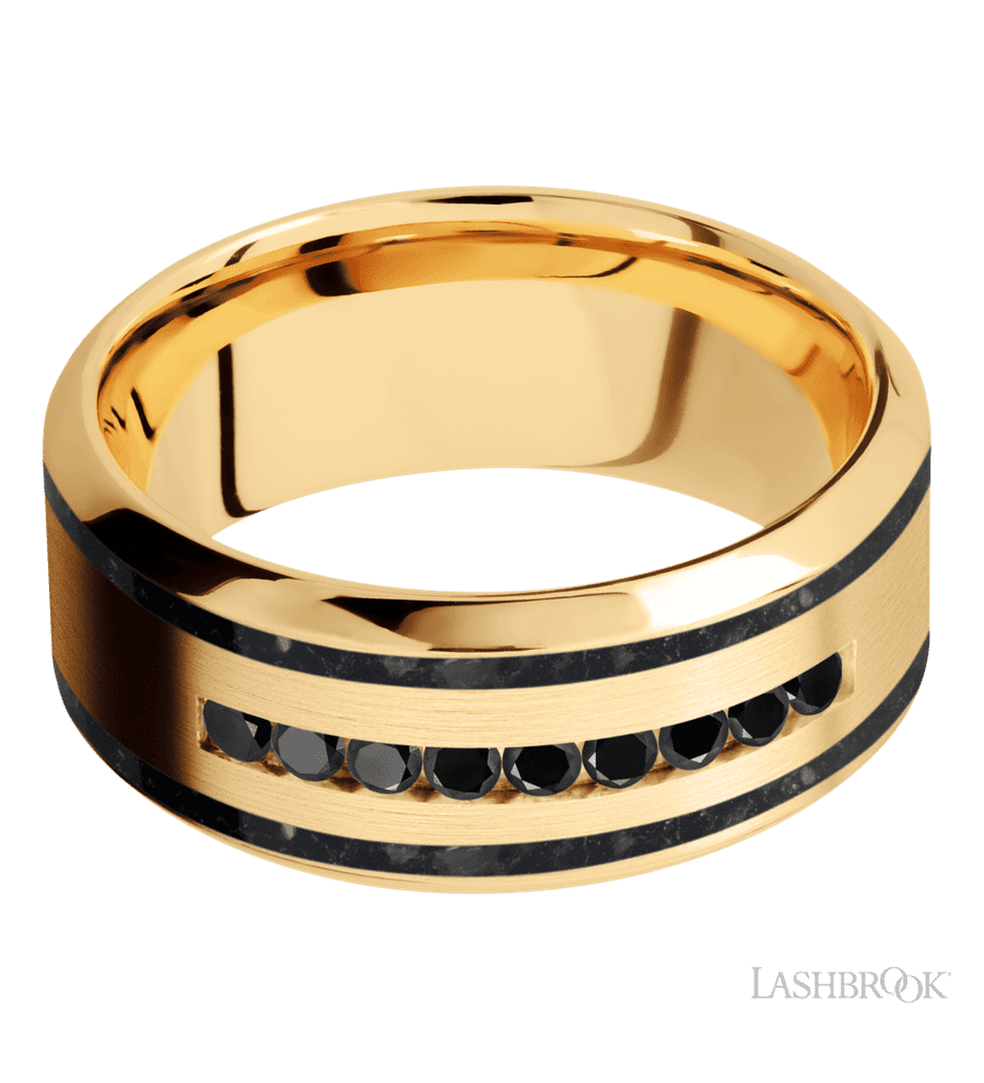 9 mm wide/High Bevel/14K Yellow Gold band with  two 1 mm Wide inlays of Black Onyx and featuring an  arrangement of 9, .03 carat Round Black Diamond stones in a Channel setting
