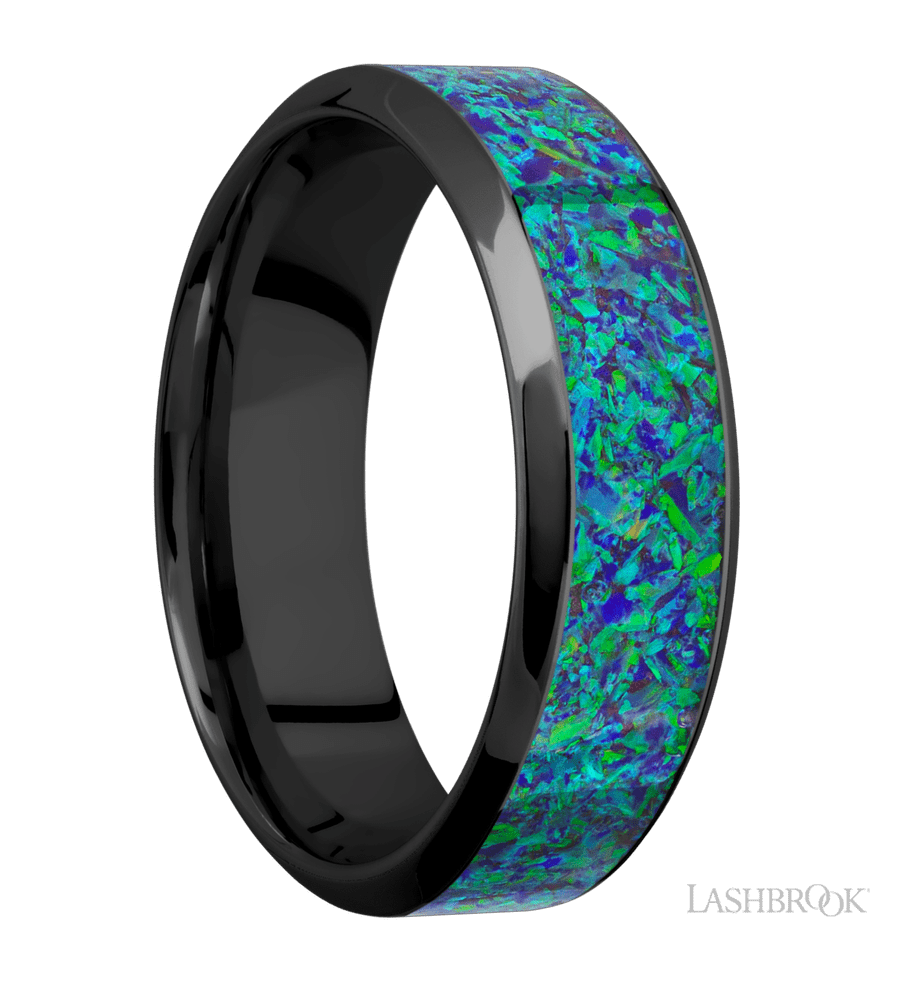 7 mm wide/High Bevel/Zirconium band with one 4 mm Centered inlay of Green Opal.