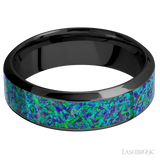 7 mm wide/High Bevel/Zirconium band with one 4 mm Centered inlay of Green Opal.