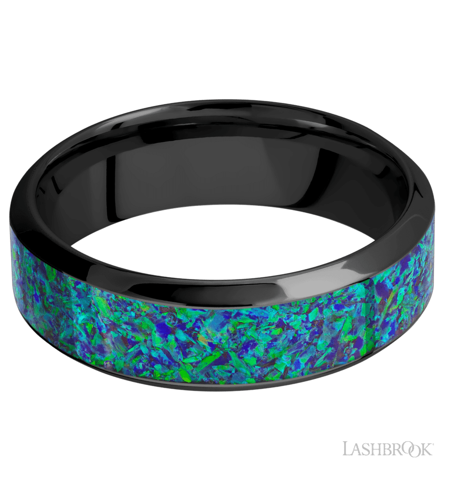 7 mm wide/High Bevel/Zirconium band with one 4 mm Centered inlay of Green Opal.