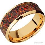 8 mm wide/Beveled/14K Yellow Gold band with one 6 mm Centered inlay of Red Opal.