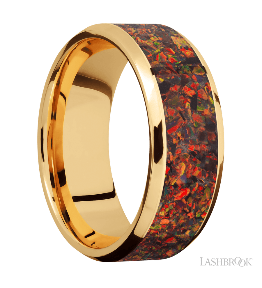 8 mm wide/Beveled/14K Yellow Gold band with one 6 mm Centered inlay of Red Opal.