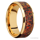 8 mm wide/Beveled/14K Yellow Gold band with one 6 mm Centered inlay of Red Opal.
