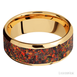 8 mm wide/Beveled/14K Yellow Gold band with one 6 mm Centered inlay of Red Opal.