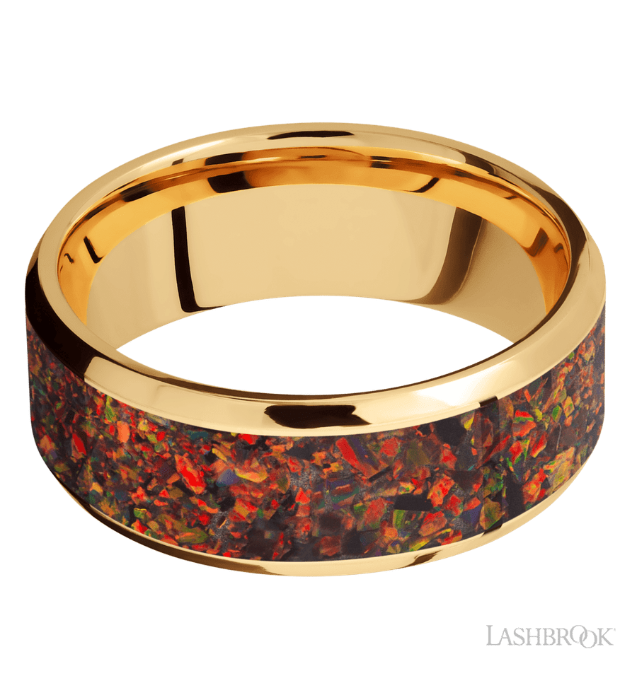 8 mm wide/Beveled/14K Yellow Gold band with one 6 mm Centered inlay of Red Opal.