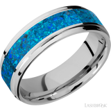 7 mm wide/Flat Grooved Edges/Cobalt Chrome band with one 4 mm Centered inlay of Blue Opal.