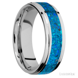 7 mm wide/Flat Grooved Edges/Cobalt Chrome band with one 4 mm Centered inlay of Blue Opal.
