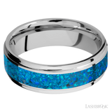 7 mm wide/Flat Grooved Edges/Cobalt Chrome band with one 4 mm Centered inlay of Blue Opal.