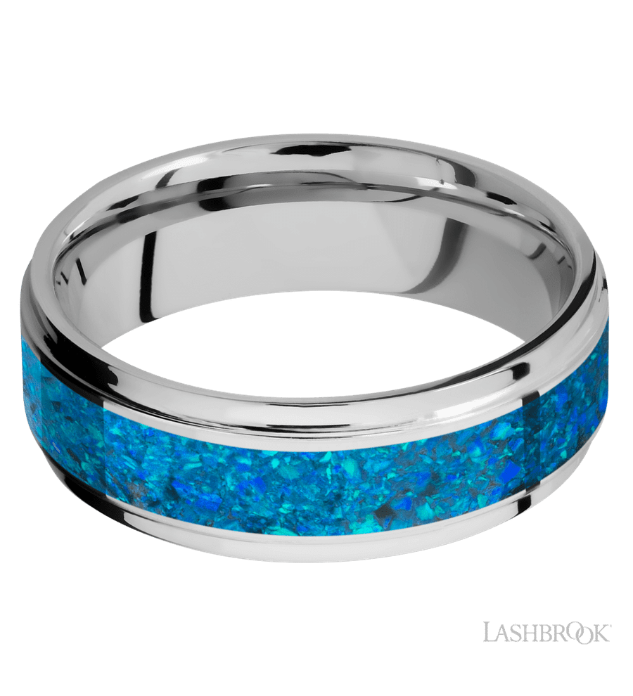 7 mm wide/Flat Grooved Edges/Cobalt Chrome band with one 4 mm Centered inlay of Blue Opal.