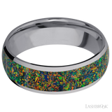 7 mm wide/Domed/Tantalum band with one 5 mm Centered inlay of Black Opal.