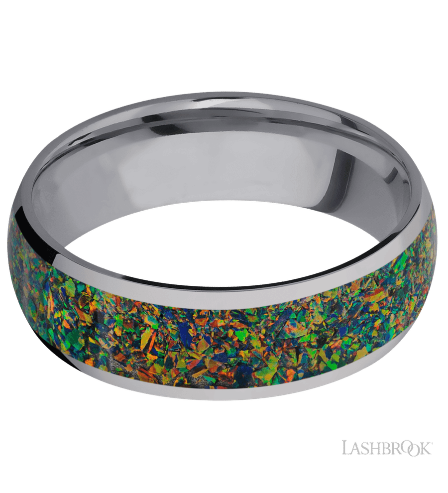 7 mm wide/Domed/Tantalum band with one 5 mm Centered inlay of Black Opal.