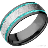 8 mm wide/Domed/Zirconium band featuring inlays of Teal Opal and Meteorite.