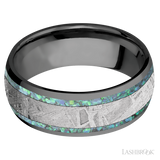 8 mm wide/Domed/Zirconium band featuring inlays of Teal Opal and Meteorite.