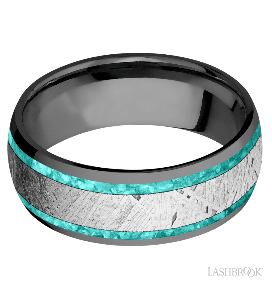 8 mm wide/Domed/Zirconium band featuring inlays of Teal Opal and Meteorite.