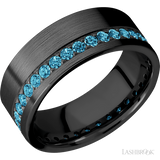 8 mm wide/Flat/Zirconium band with a Off Center Eternity arrangement of .03 carat Round Lab Blue Diamond stones in a Bead setting.