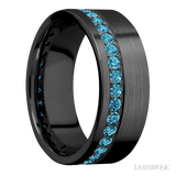 8 mm wide/Flat/Zirconium band with a Off Center Eternity arrangement of .03 carat Round Lab Blue Diamond stones in a Bead setting.