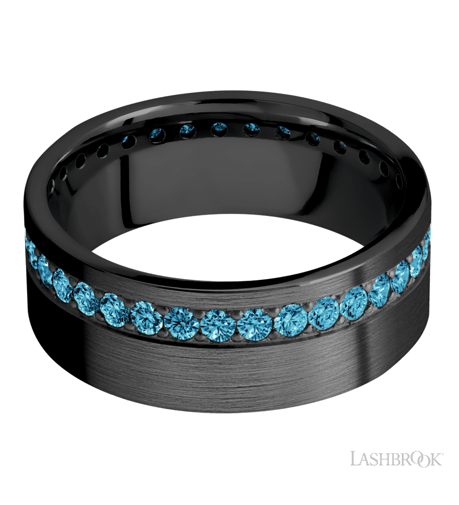 8 mm wide/Flat/Zirconium band with a Off Center Eternity arrangement of .03 carat Round Lab Blue Diamond stones in a Bead setting.