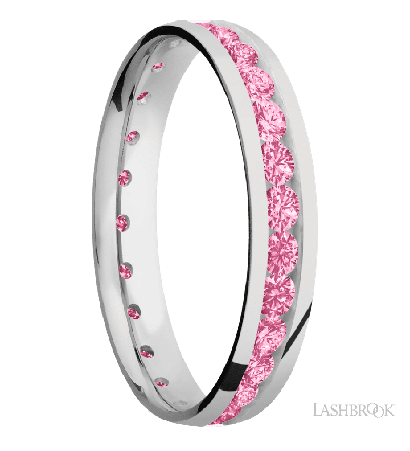 4 mm wide/Domed/Cobalt Chrome band with an Eternity arrangement of .07 carat Round Lab Dark Pink Diamond stones in a Channel setting.