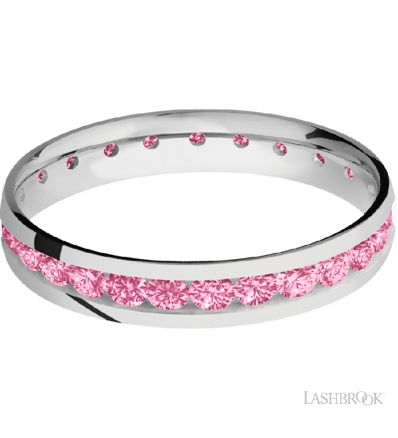 4 mm wide/Domed/Cobalt Chrome band with an Eternity arrangement of .07 carat Round Lab Dark Pink Diamond stones in a Channel setting.