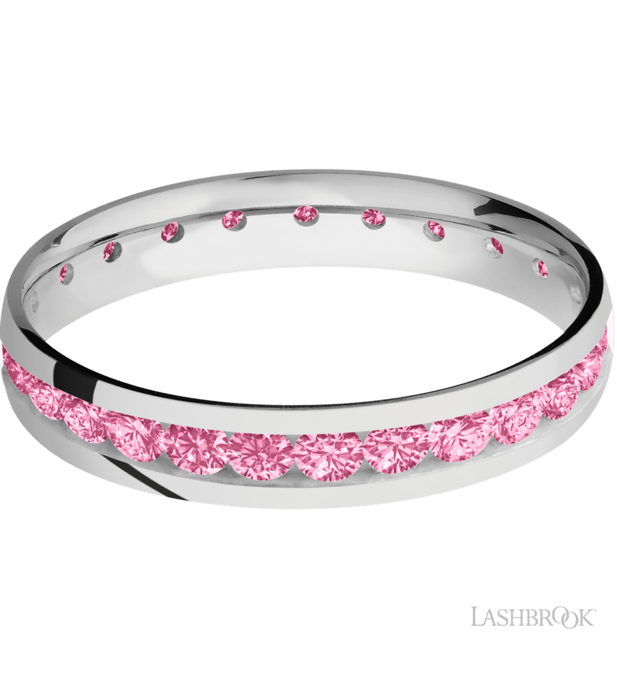 4 mm wide/Domed/Cobalt Chrome band with an Eternity arrangement of .07 carat Round Lab Dark Pink Diamond stones in a Channel setting.