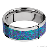 8 mm wide/Flat/Cobalt Chrome band with one 6 mm Centered inlay of Blue Green Opal.