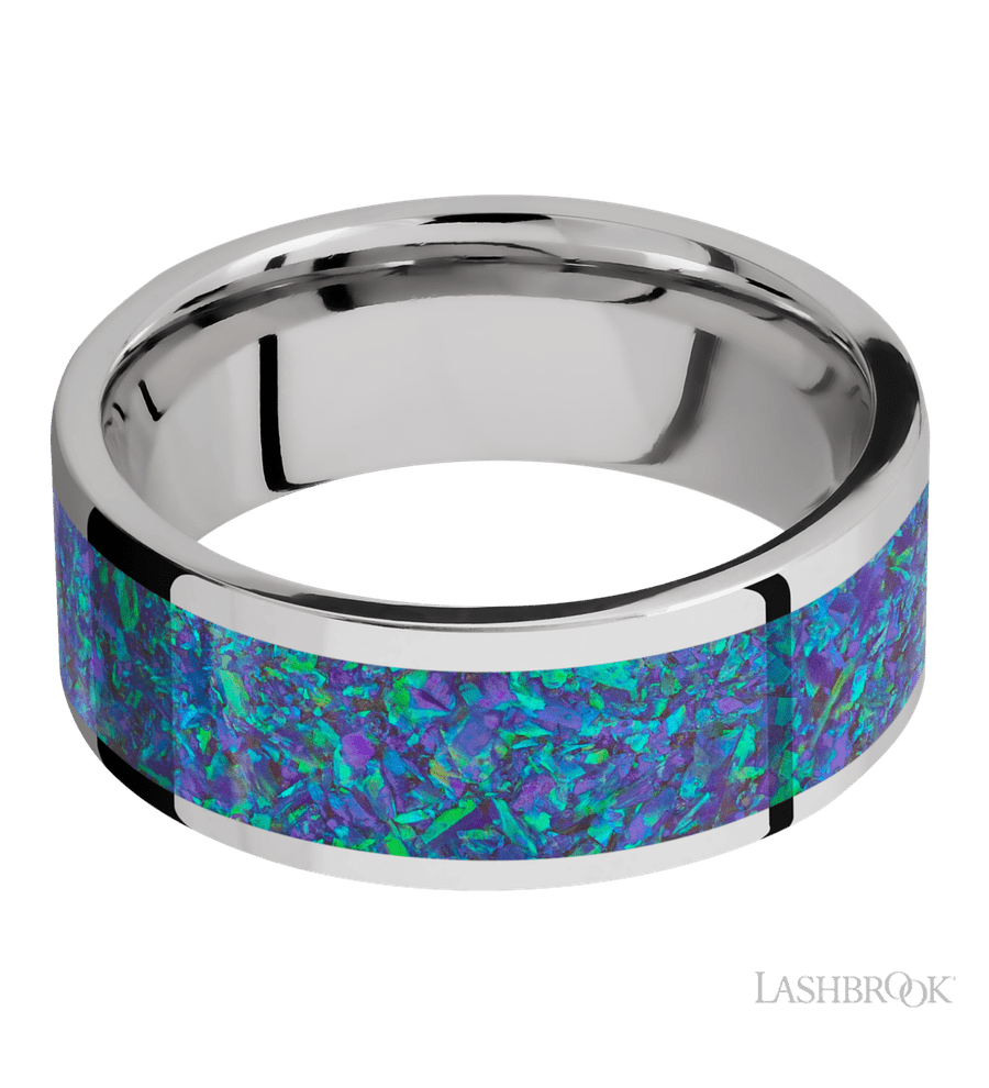 8 mm wide/Flat/Cobalt Chrome band with one 6 mm Centered inlay of Blue Green Opal.