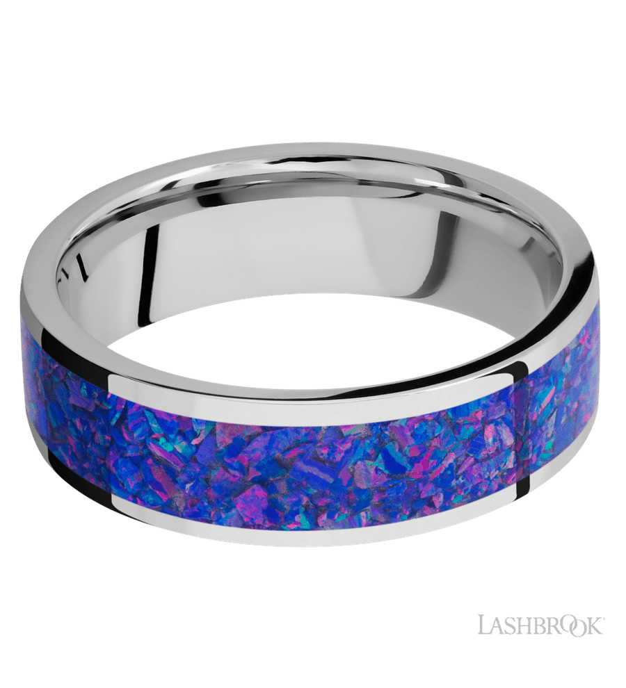 7 mm wide/Flat/Cobalt Chrome band with one 5 mm Centered inlay of Purple Opal.