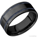8 mm wide/Flat/Zirconium band with two 1 mm Wide inlays of Sodalite.
