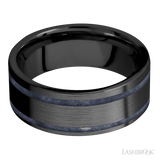 8 mm wide/Flat/Zirconium band with two 1 mm Wide inlays of Sodalite.