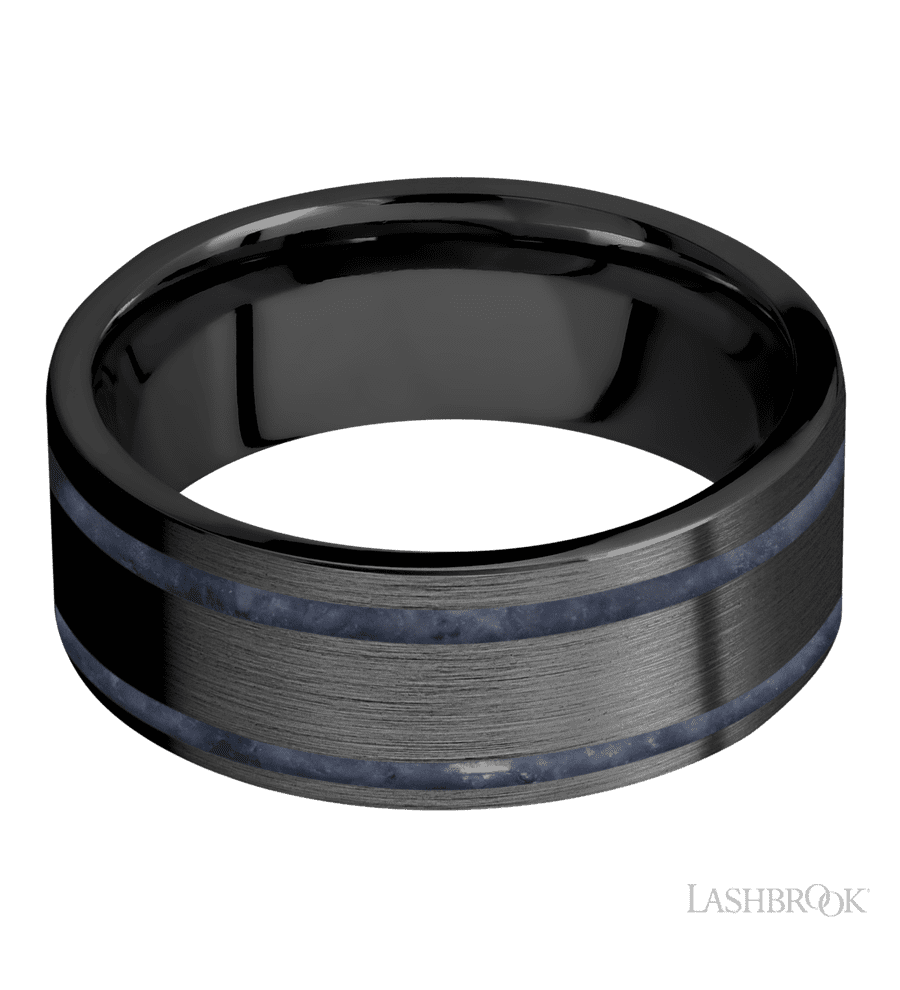 8 mm wide/Flat/Zirconium band with two 1 mm Wide inlays of Sodalite.