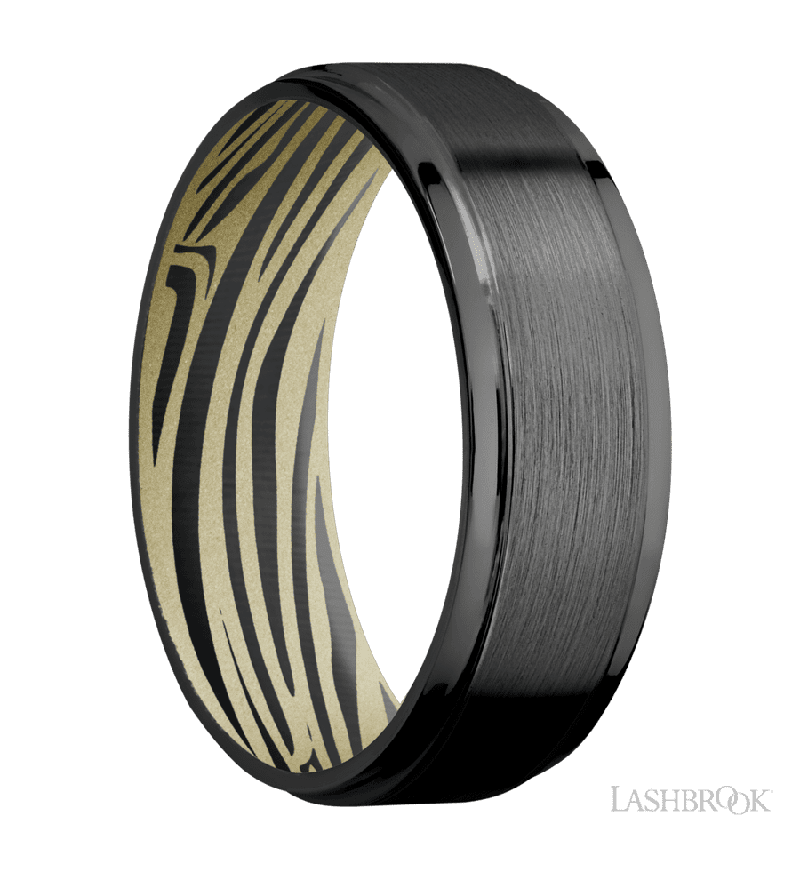 7 mm wide Flat Grooved Edges Zirconium band featuring a Bright Nickel sleeve.