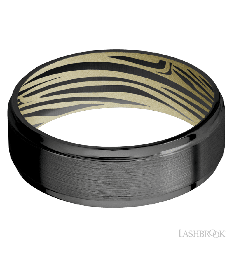 7 mm wide Flat Grooved Edges Zirconium band featuring a Bright Nickel sleeve.
