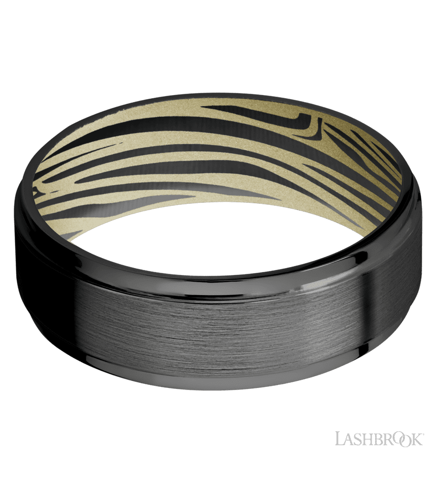 7 mm wide Flat Grooved Edges Zirconium band featuring a Bright Nickel sleeve.