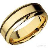 8 mm wide/High Bevel/14K Yellow Gold band with two 1 mm Wide inlays of Gold Tiger Eye.