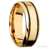 8 mm wide/High Bevel/14K Yellow Gold band with two 1 mm Wide inlays of Gold Tiger Eye.
