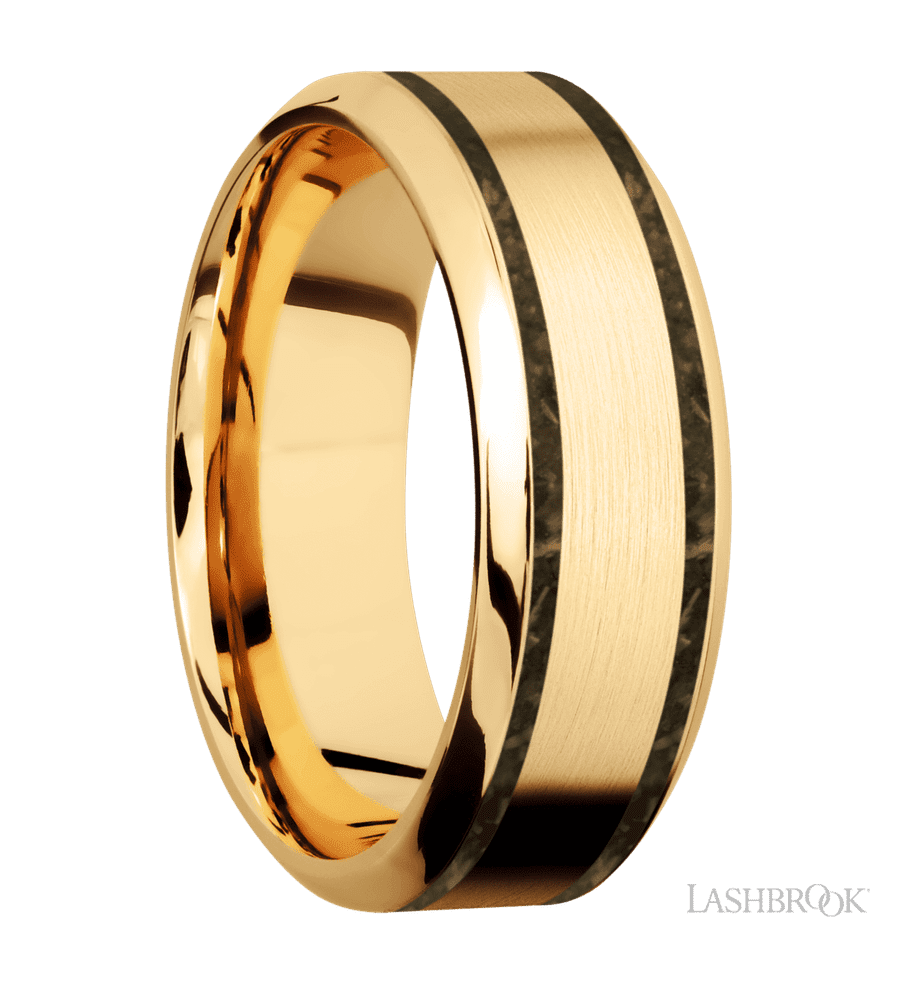 8 mm wide/High Bevel/14K Yellow Gold band with two 1 mm Wide inlays of Gold Tiger Eye.