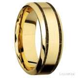 8 mm wide/High Bevel/14K Yellow Gold band with two 1 mm Wide inlays of Gold Tiger Eye.