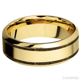 8 mm wide/High Bevel/14K Yellow Gold band with two 1 mm Wide inlays of Gold Tiger Eye.