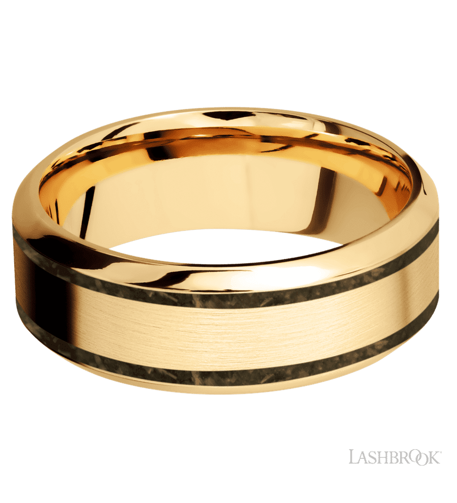 8 mm wide/High Bevel/14K Yellow Gold band with two 1 mm Wide inlays of Gold Tiger Eye.
