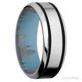 8 mm wide/High Bevel/Cobalt Chrome band with two 1 mm Wide inlays of Black also featuring a Polar Blue sleeve.