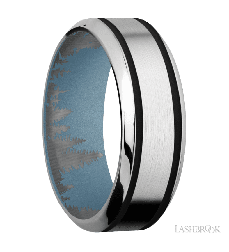 8 mm wide/High Bevel/Cobalt Chrome band with two 1 mm Wide inlays of Black also featuring a Polar Blue sleeve.