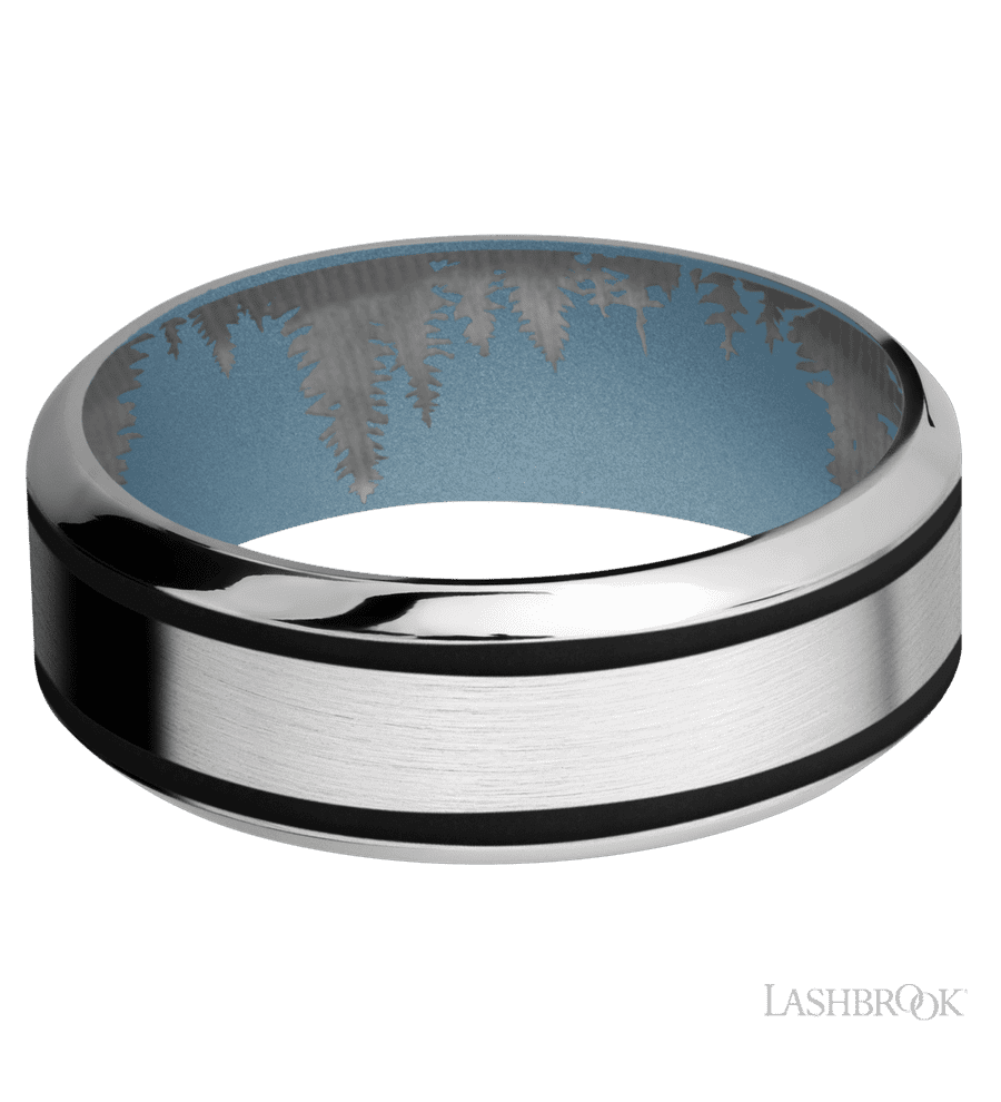 8 mm wide/High Bevel/Cobalt Chrome band with two 1 mm Wide inlays of Black also featuring a Polar Blue sleeve.
