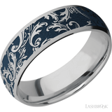 7 mm wide/Domed/Titanium band with a laser carved Black Leaf pattern.